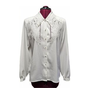 Christie & Jill 80's Vintage Elegant White Embroidered Women's Blouse